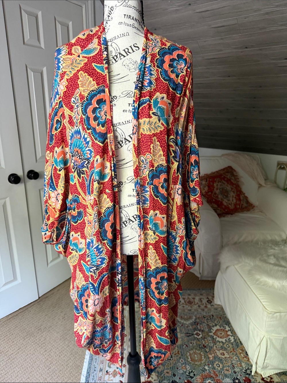 Anthropologie Floral Patchwork Kimono Cardigan in Red, Blue, Yellow